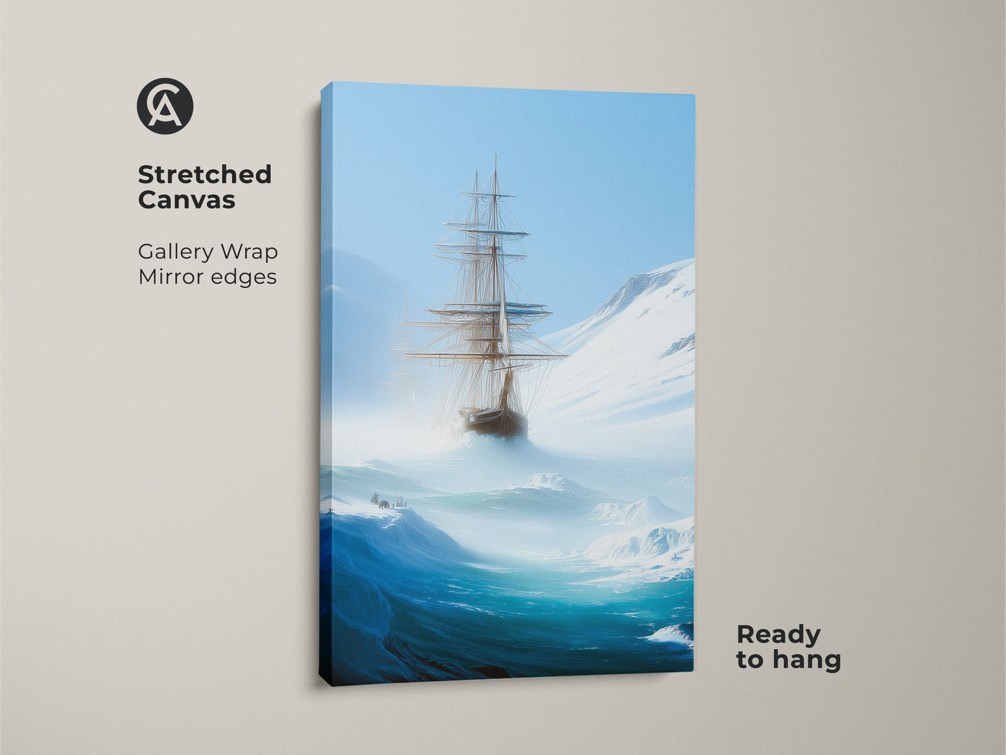This tall ship canvas print is ready to hang bringing deep blue nautical art to any space. This stretched canvas features a gallery wrap with mirror edges. Perfect as nautical wall art it showcases an iceberg landscape painting. An ideal maritime gift it captures adventurous sailing in a home or office.