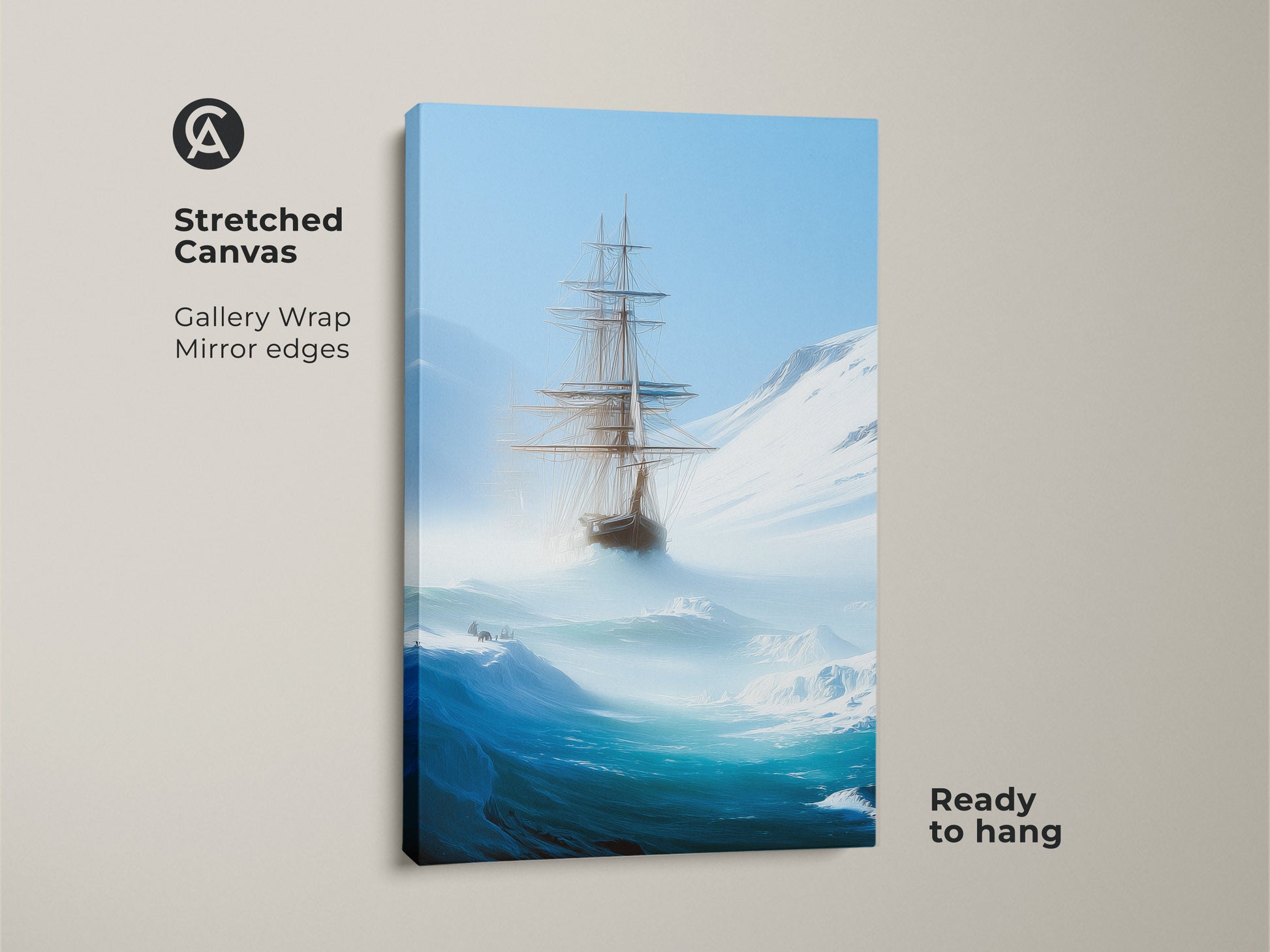 This tall ship canvas print is ready to hang bringing deep blue nautical art to any space. This stretched canvas features a gallery wrap with mirror edges. Perfect as nautical wall art it showcases an iceberg landscape painting. An ideal maritime gift it captures adventurous sailing in a home or office.