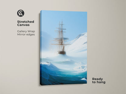 This tall ship canvas print is ready to hang bringing deep blue nautical art to any space. This stretched canvas features a gallery wrap with mirror edges. Perfect as nautical wall art it showcases an iceberg landscape painting. An ideal maritime gift it captures adventurous sailing in a home or office.