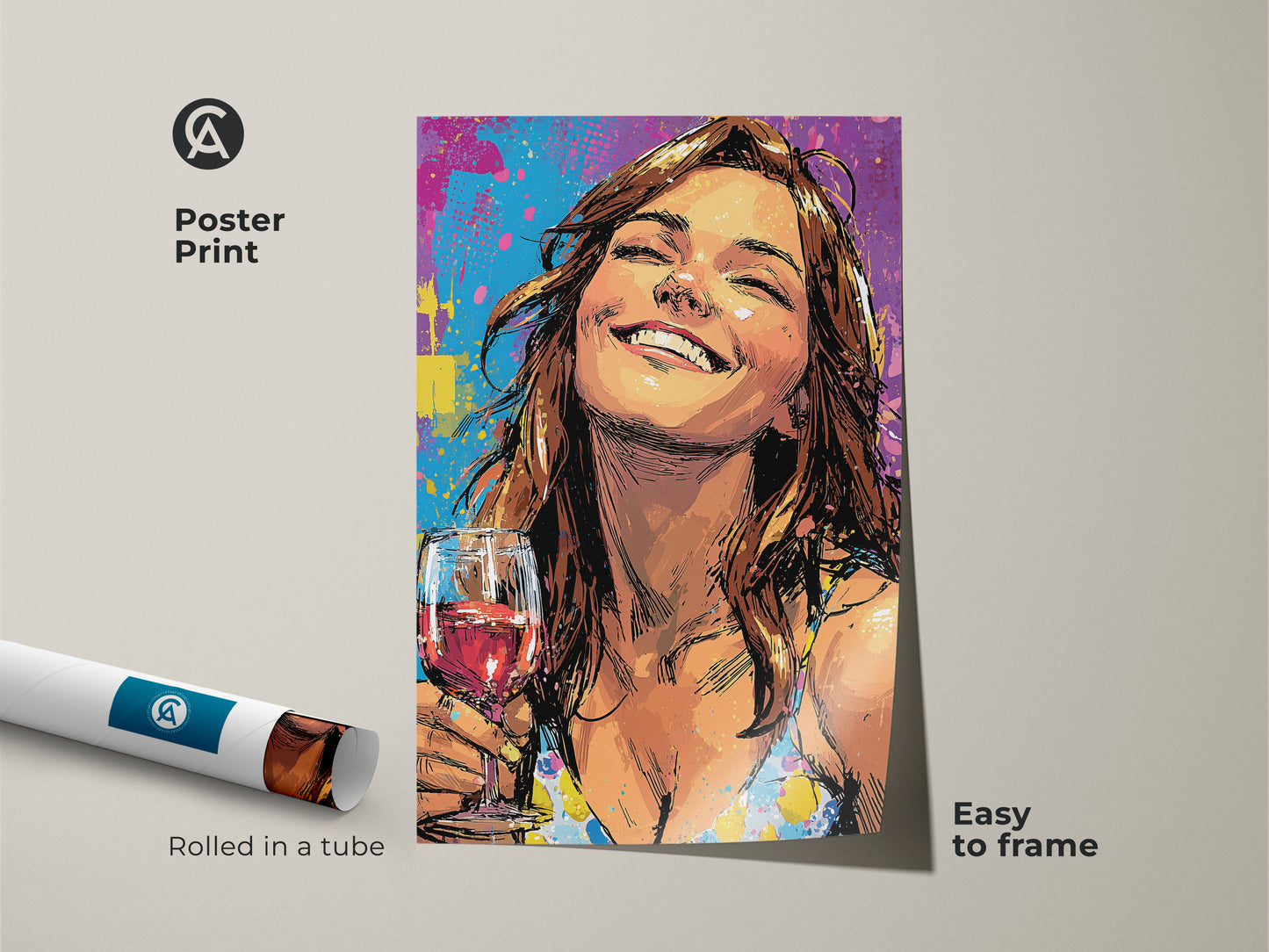 Poster print of an abstract graffiti woman art. The artwork features a woman enjoying wine with a pop art flair. Rolled in a tube it's easy to frame. This colorful home decor piece has teal yellow and purple hues. It is perfect as eclectic wall art for a fun artistic expression.