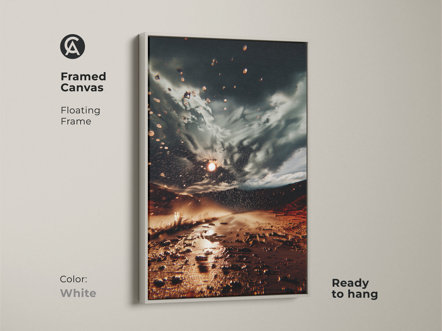 Framed Canvas with a white floating frame featuring earth tones landscape art. This dramatic landscape canvas is ready to hang. This unique wall hanging print will make great bedroom wall art decor.