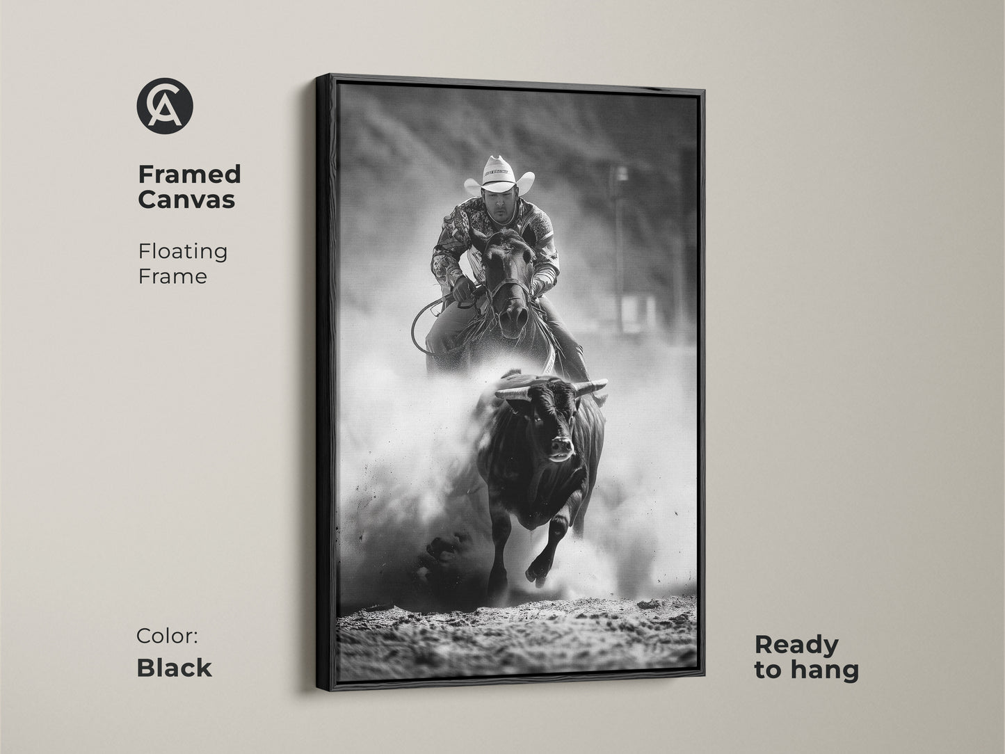 Black framed canvas with floating frame featuring black and white rodeo art. This bull riding canvas print showcases western cowboy wall art. A rustic ranch art print is ready to hang. Ideal action sports photography for man cave rodeo decor.