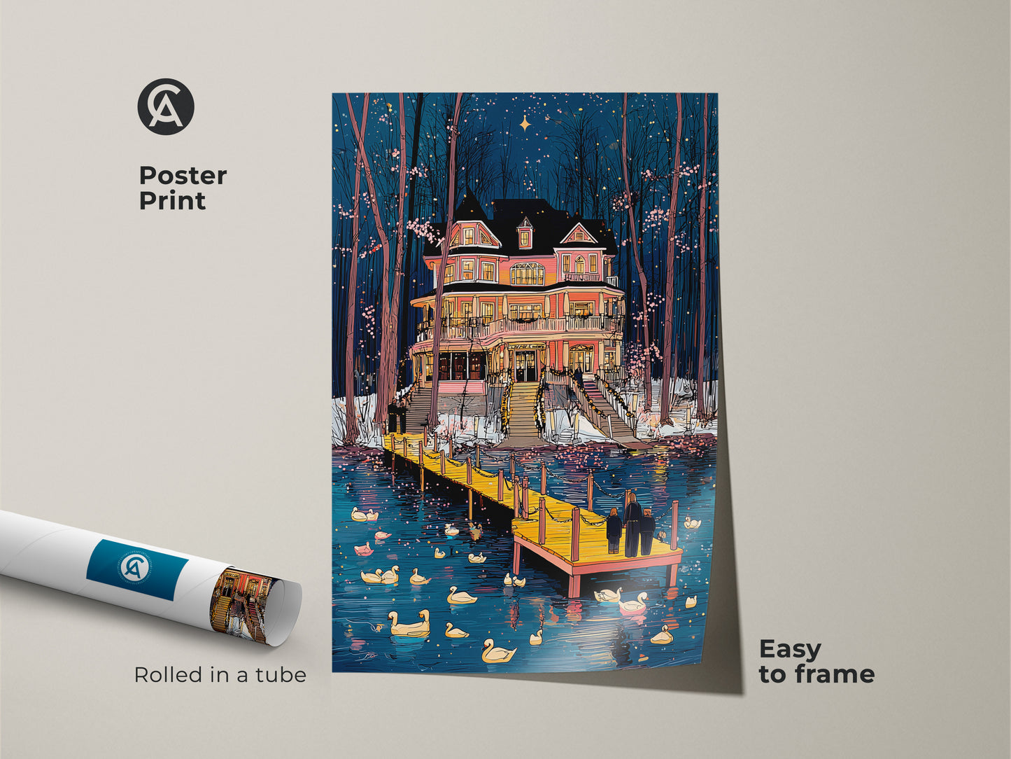 Poster Print of a Victorian Mansion nestled by a Duck Lake under a Blue Pink Sunset. Easy to frame this art brings eclectic charm. Rolled in a tube for protection. Ideal wall art for bedroom. A unique housewarming gift.