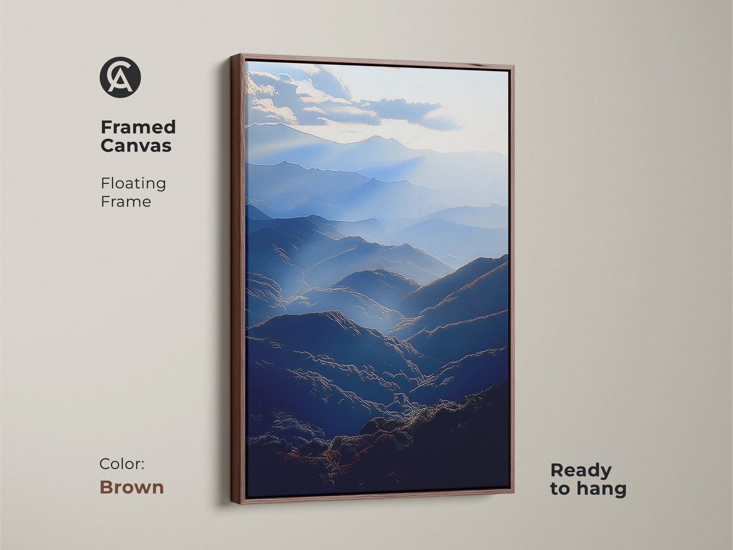 Framed canvas displaying a deep blue mountain range. This atmospheric landscape wall art includes a floating brown frame. This serene valley artwork is ready to hang. Ideal for adding a modern touch to any space. A perfect housewarming gift for outdoor enthusiasts.