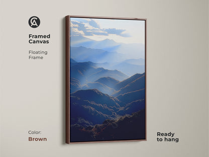 Framed canvas displaying a deep blue mountain range. This atmospheric landscape wall art includes a floating brown frame. This serene valley artwork is ready to hang. Ideal for adding a modern touch to any space. A perfect housewarming gift for outdoor enthusiasts.
