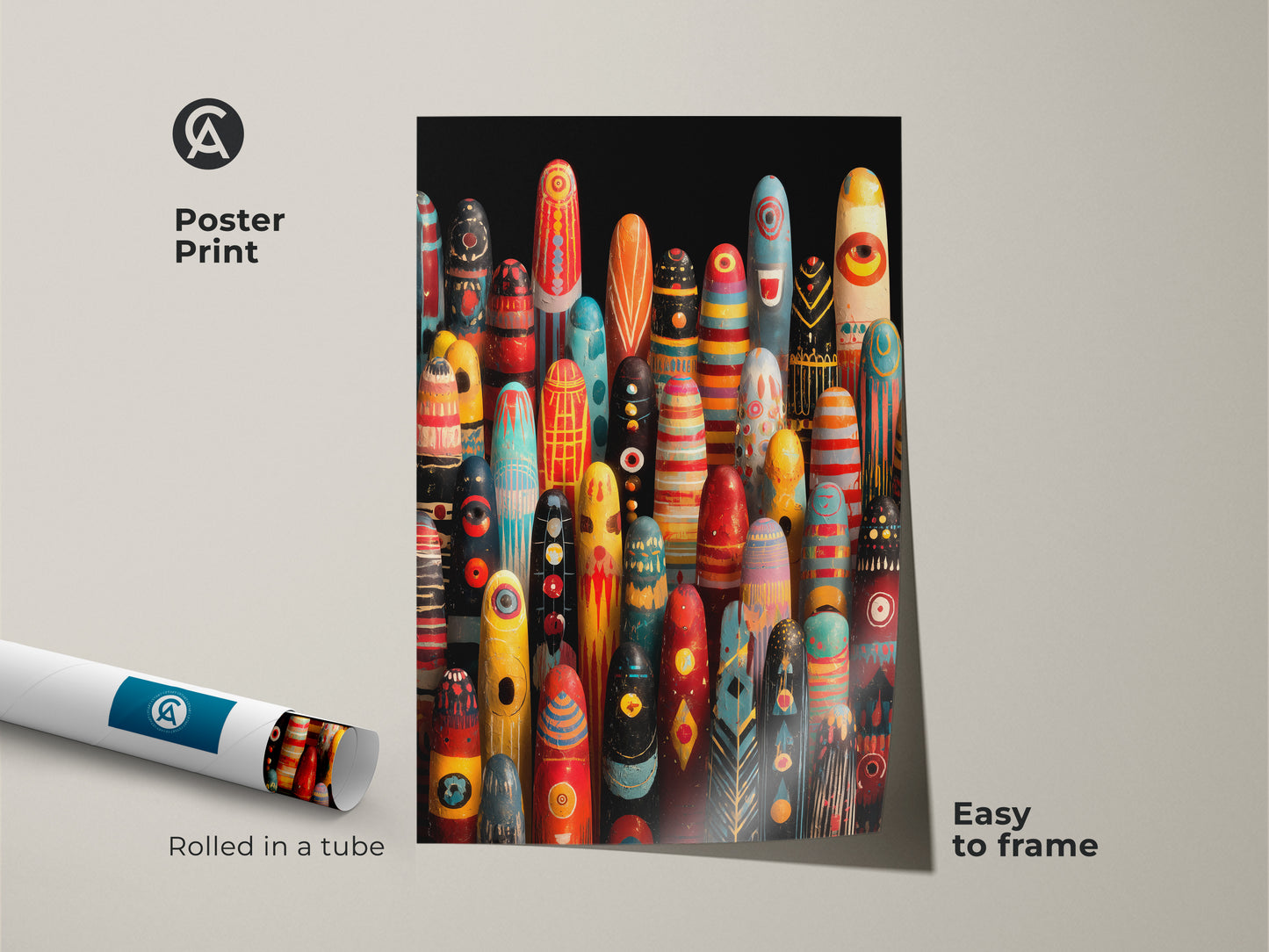 Poster print of abstract tribal figurines wall art. This museum-quality paper is rolled in a tube. It is easy to frame the eclectic boho decor artwork. The red yellow and teal abstract canvas brightens any room. Add a tribal pattern canvas to your decor.