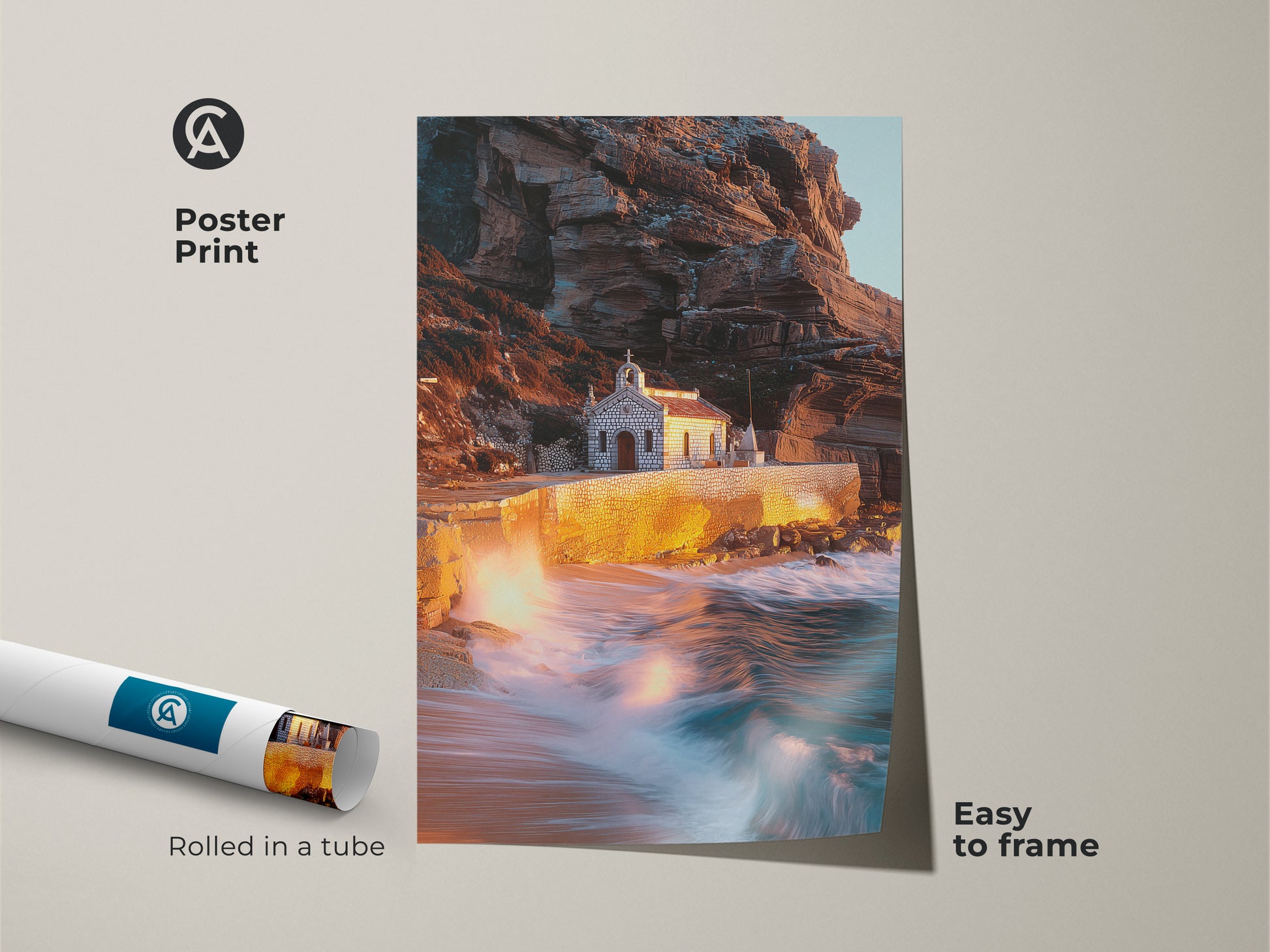 Coastal chapel poster print. Rolled in a tube for easy framing. This warm earth tones art print captures dramatic ocean waves against rugged cliffs. Ideal as travel souvenir wall art or housewarming gift. Add teal landscape canvas to your residential wall art collection.