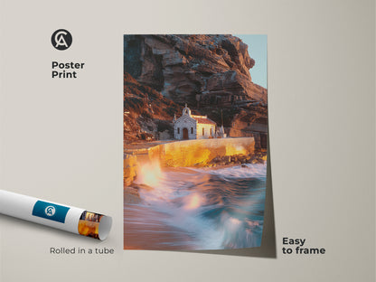 Coastal chapel poster print. Rolled in a tube for easy framing. This warm earth tones art print captures dramatic ocean waves against rugged cliffs. Ideal as travel souvenir wall art or housewarming gift. Add teal landscape canvas to your residential wall art collection.