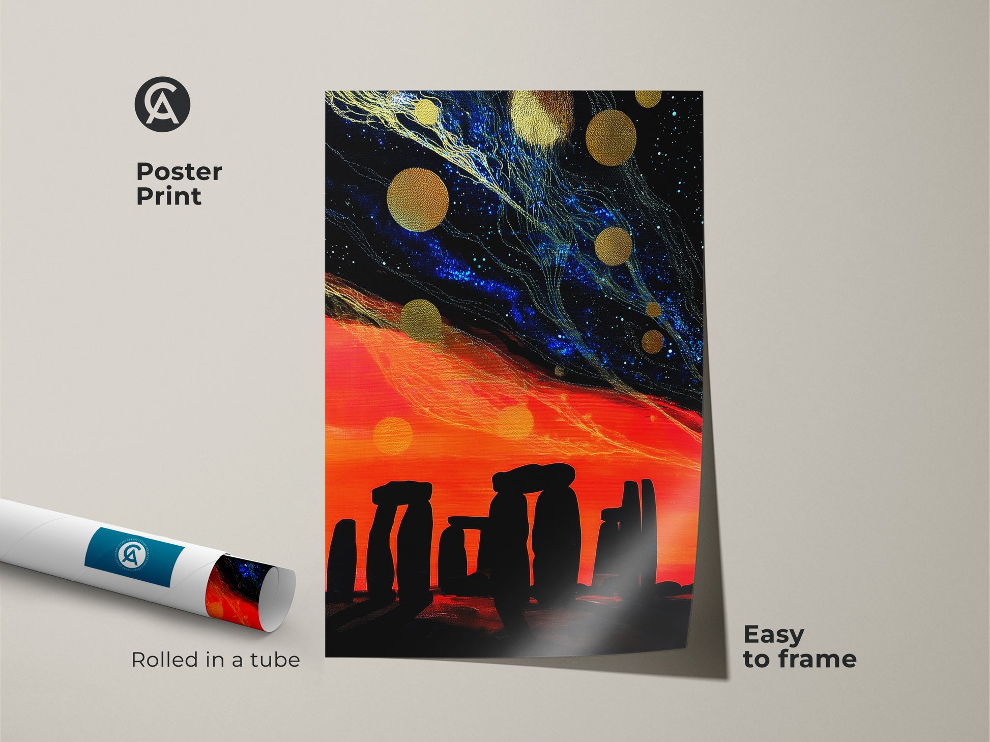 Stonehenge night cosmic starry sky wall art poster print. The abstract fantasy landscape is easy to frame. Rolled in a tube for protection. Display the celestial galaxy artwork in your den. Gift art for space lovers. Shop now.
