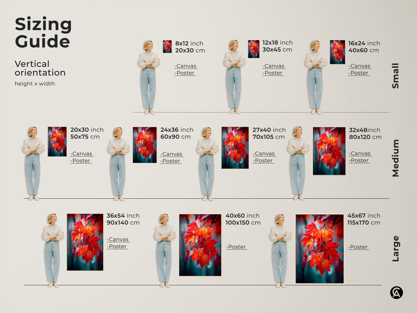 Sizing guide for vertical art prints. Available in small medium and large sizes. Options include canvas and poster prints. Find the perfect size to transform your space with stunning leaf art. Shop now and decorate easily.