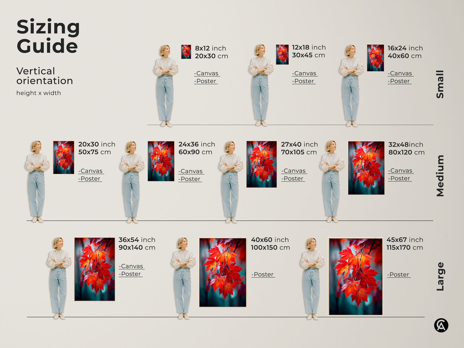 Sizing guide for vertical art prints. Available in small medium and large sizes. Options include canvas and poster prints. Find the perfect size to transform your space with stunning leaf art. Shop now and decorate easily.