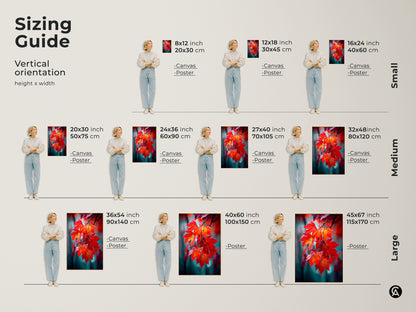 Sizing guide for vertical art prints. Available in small medium and large sizes. Options include canvas and poster prints. Find the perfect size to transform your space with stunning leaf art. Shop now and decorate easily.