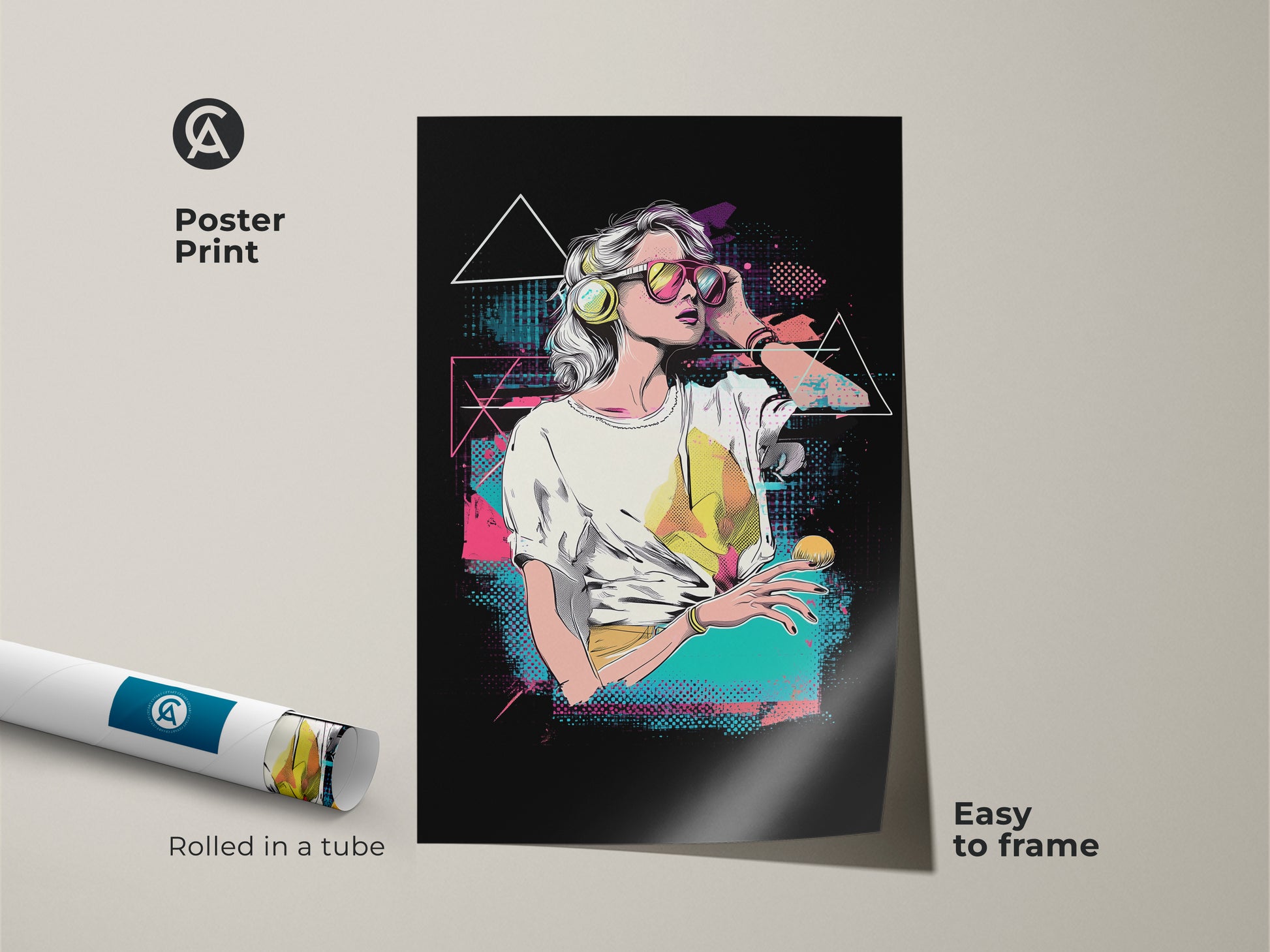 Poster print of a vaporwave woman art. This retro aesthetic gift is easy to frame. A pop art woman with headphones in pink yellow and teal. This 80s retro wall decor is rolled in a tube and ready for framing.