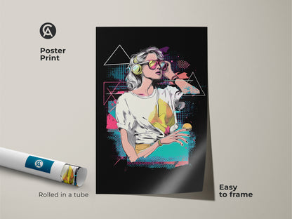 Poster print of a vaporwave woman art. This retro aesthetic gift is easy to frame. A pop art woman with headphones in pink yellow and teal. This 80s retro wall decor is rolled in a tube and ready for framing.