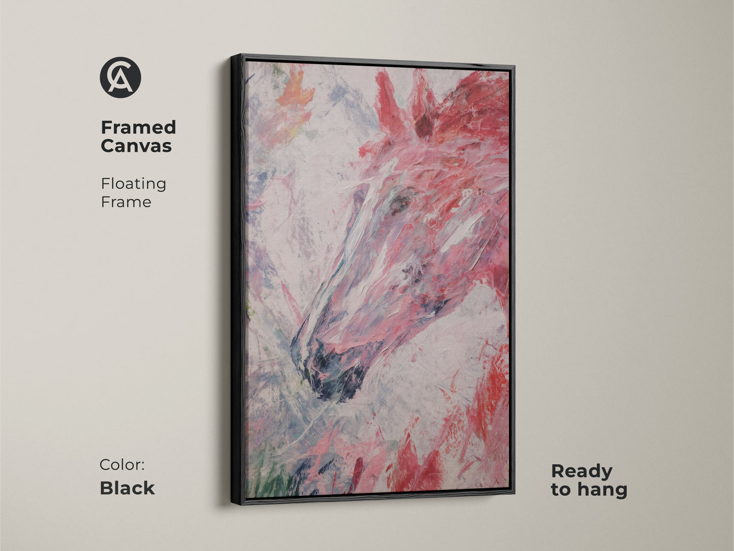 Framed canvas featuring abstract horse head art in a floating black frame. This modern equestrian wall art adds a contemporary touch to any space. The artwork is printed on high-quality canvas. It features energetic brush strokes in pink red and white. It is ready to hang.