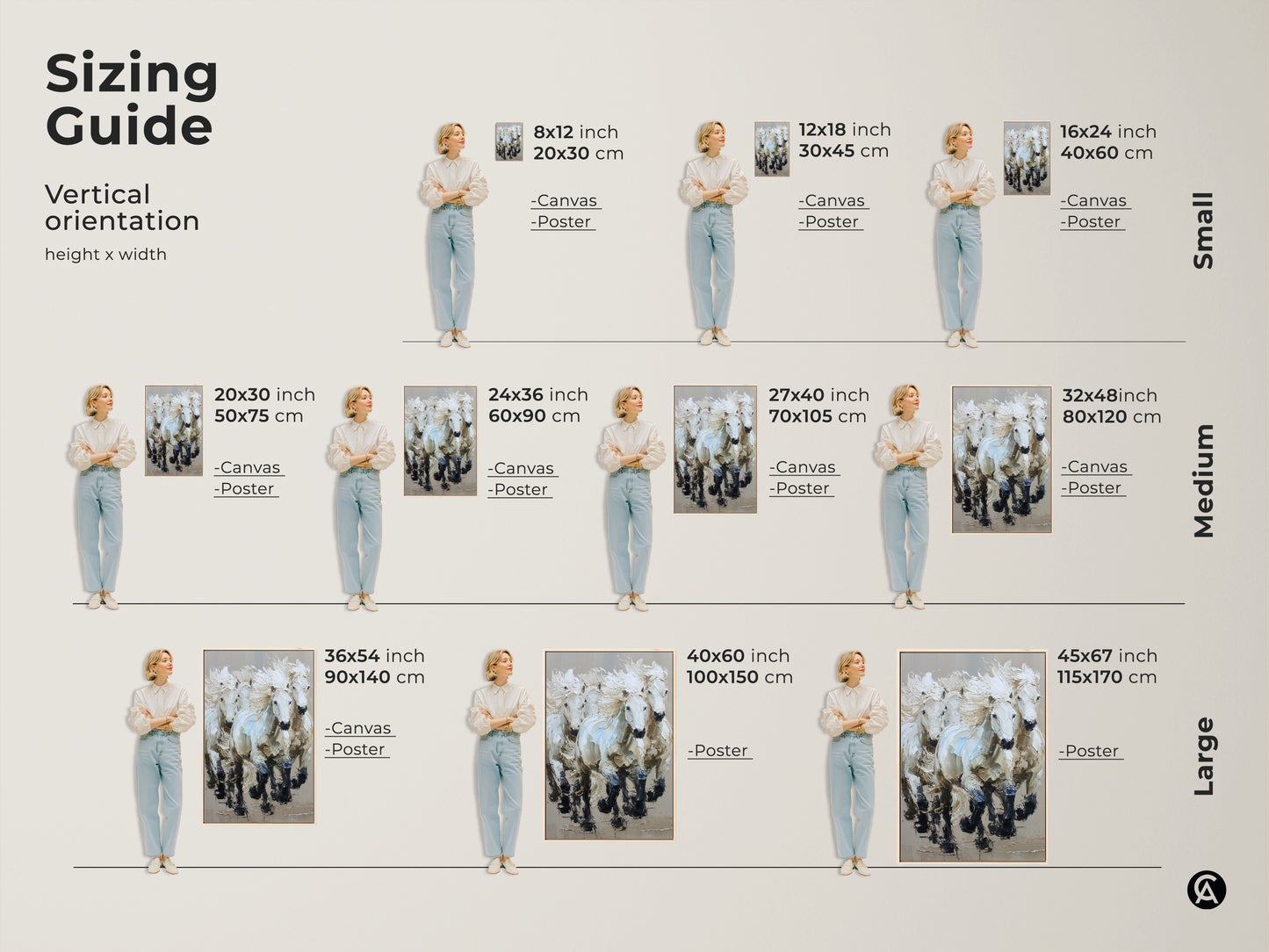 Sizing Guide. This graphic shows the Galloping White Horses artwork in various vertical sizes. Sizes range from small medium and large. Canvas and poster options are available for each size. A model is next to each size to show scale.