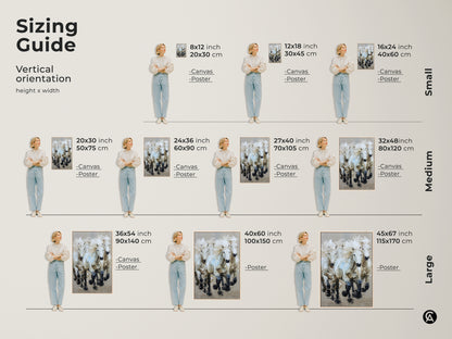 Sizing Guide. This graphic shows the Galloping White Horses artwork in various vertical sizes. Sizes range from small medium and large. Canvas and poster options are available for each size. A model is next to each size to show scale.