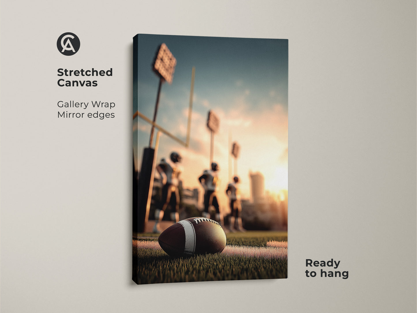 This stretched canvas showcases American Football artwork. The gallery wrap has mirror edges. Ready to hang for easy display. It shows a football on the field during the golden hour. Perfect for a man cave or sports bar. This football canvas print is a great gift for football fans.