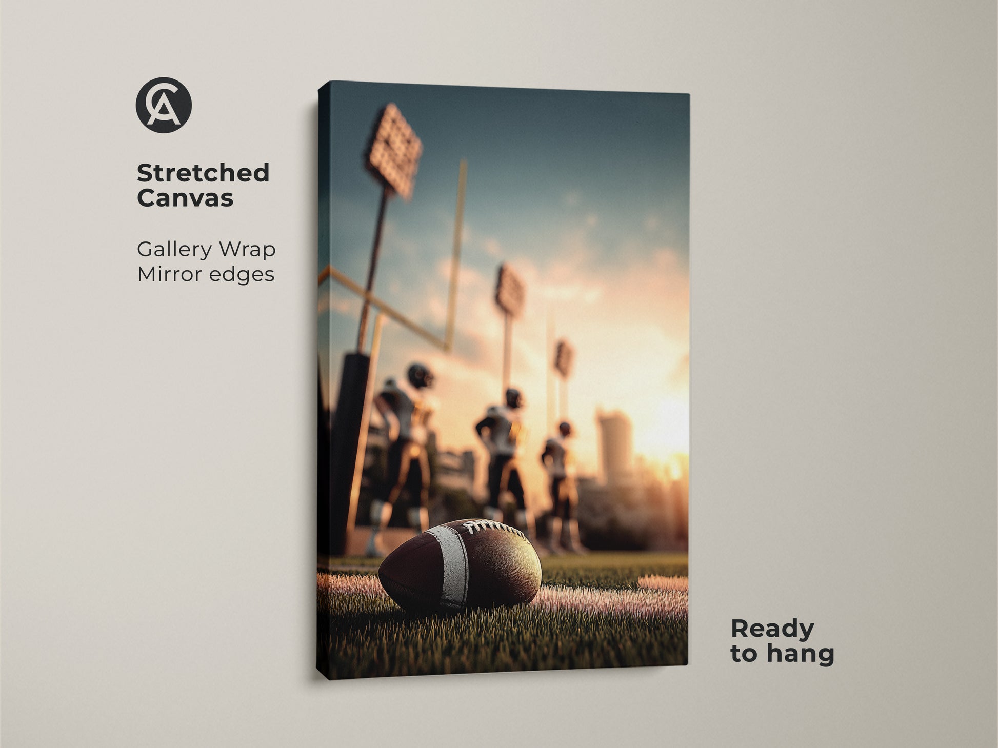 This stretched canvas showcases American Football artwork. The gallery wrap has mirror edges. Ready to hang for easy display. It shows a football on the field during the golden hour. Perfect for a man cave or sports bar. This football canvas print is a great gift for football fans.