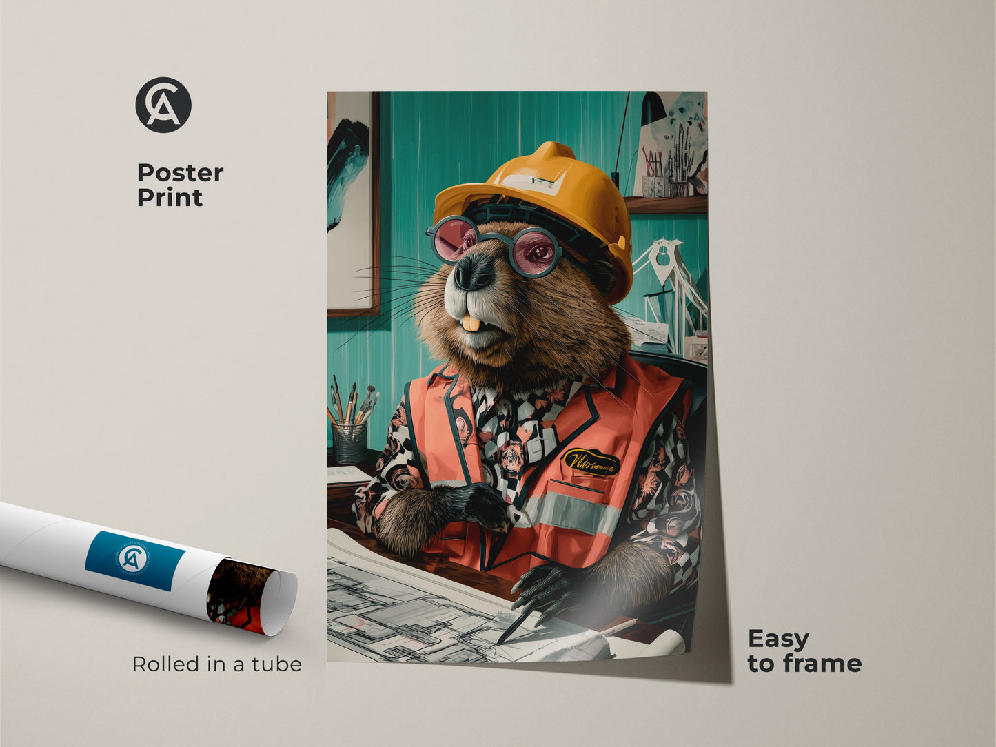 Poster print of a beaver dressed as a construction engineer. Rolled in a tube for easy framing. Makes a funny office art print or a quirky animal wall hanging. The animal wears glasses and a hard hat for a humorous touch.