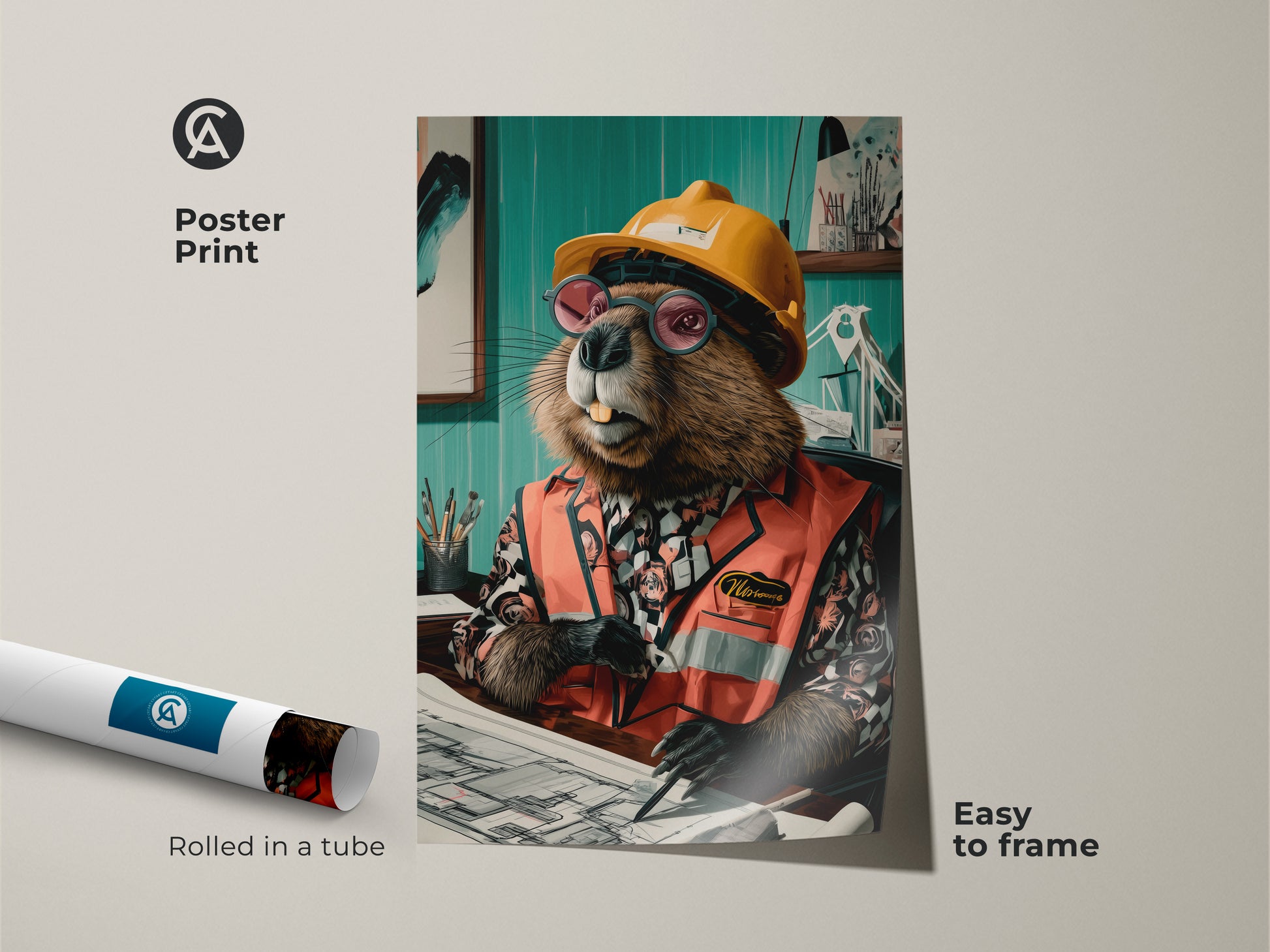 Poster print of a beaver dressed as a construction engineer. Rolled in a tube for easy framing. Makes a funny office art print or a quirky animal wall hanging. The animal wears glasses and a hard hat for a humorous touch.
