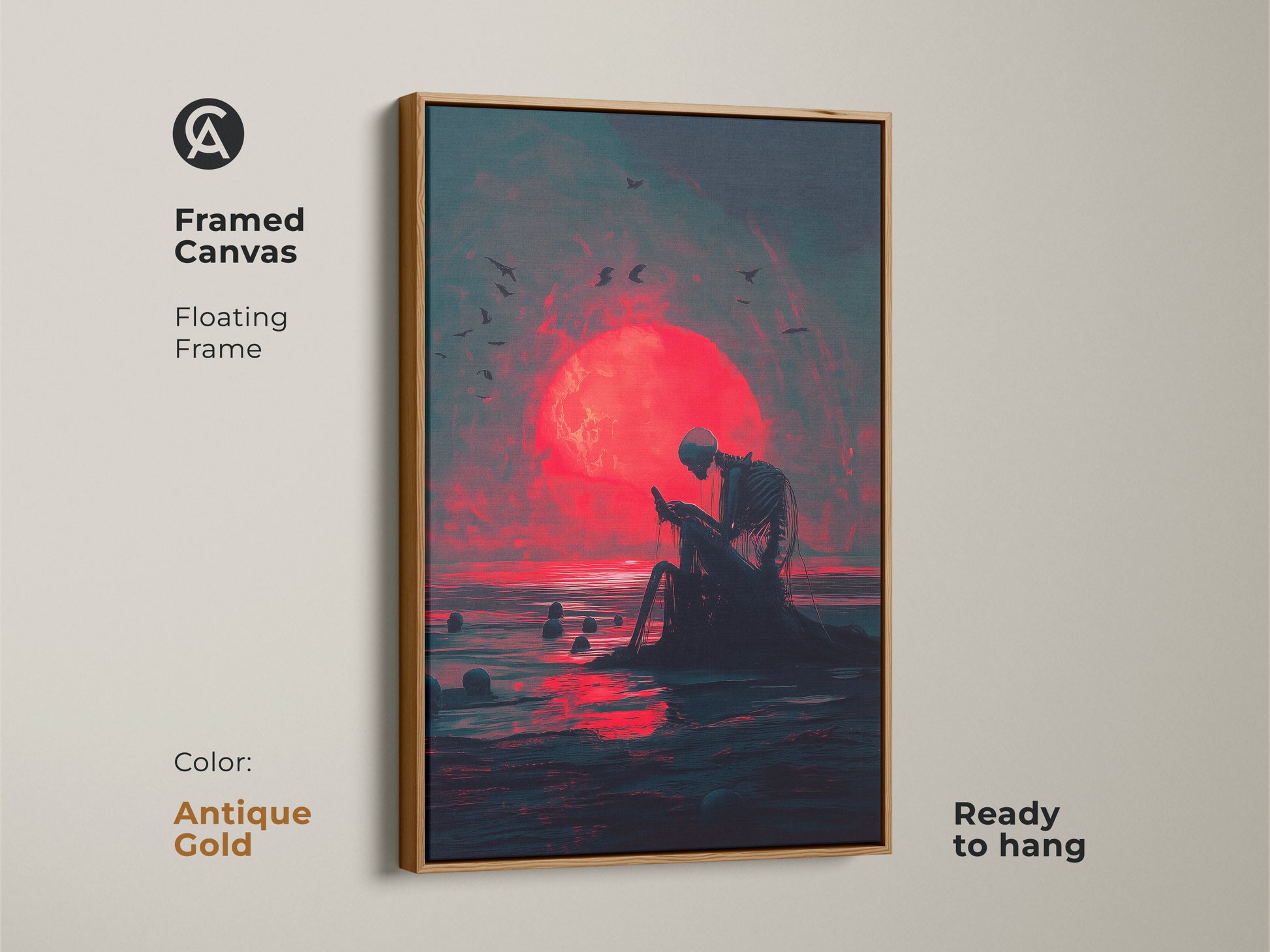 Framed canvas print of a skeleton at the ocean during a red moon. The frame is antique gold. This canvas art adds a touch of elegance to any space. It is ready to hang. Perfect for art collectors seeking unique pieces. The floating frame enhances the overall artwork.