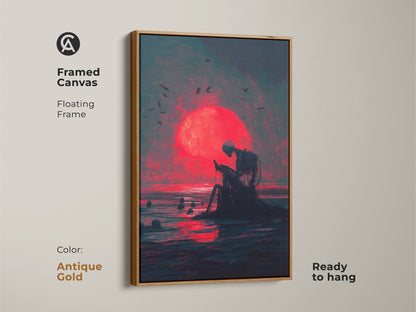 Framed canvas print of a skeleton at the ocean during a red moon. The frame is antique gold. This canvas art adds a touch of elegance to any space. It is ready to hang. Perfect for art collectors seeking unique pieces. The floating frame enhances the overall artwork.