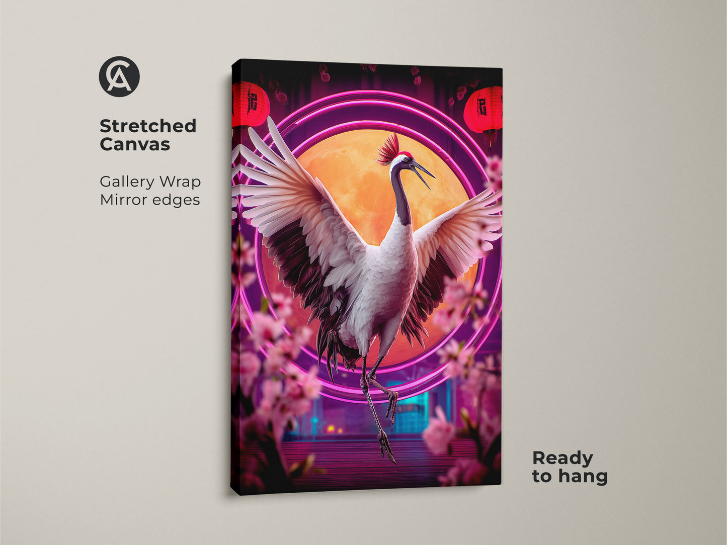 A gallery wrapped stretched canvas shows the red crowned crane print with wings spread. This oriental home decor features a neon circle and cherry blossoms. It’s an Asian inspired artwork with mirror edges and ready to hang perfect as eclectic bedroom art or as a unique bird wall art gift.