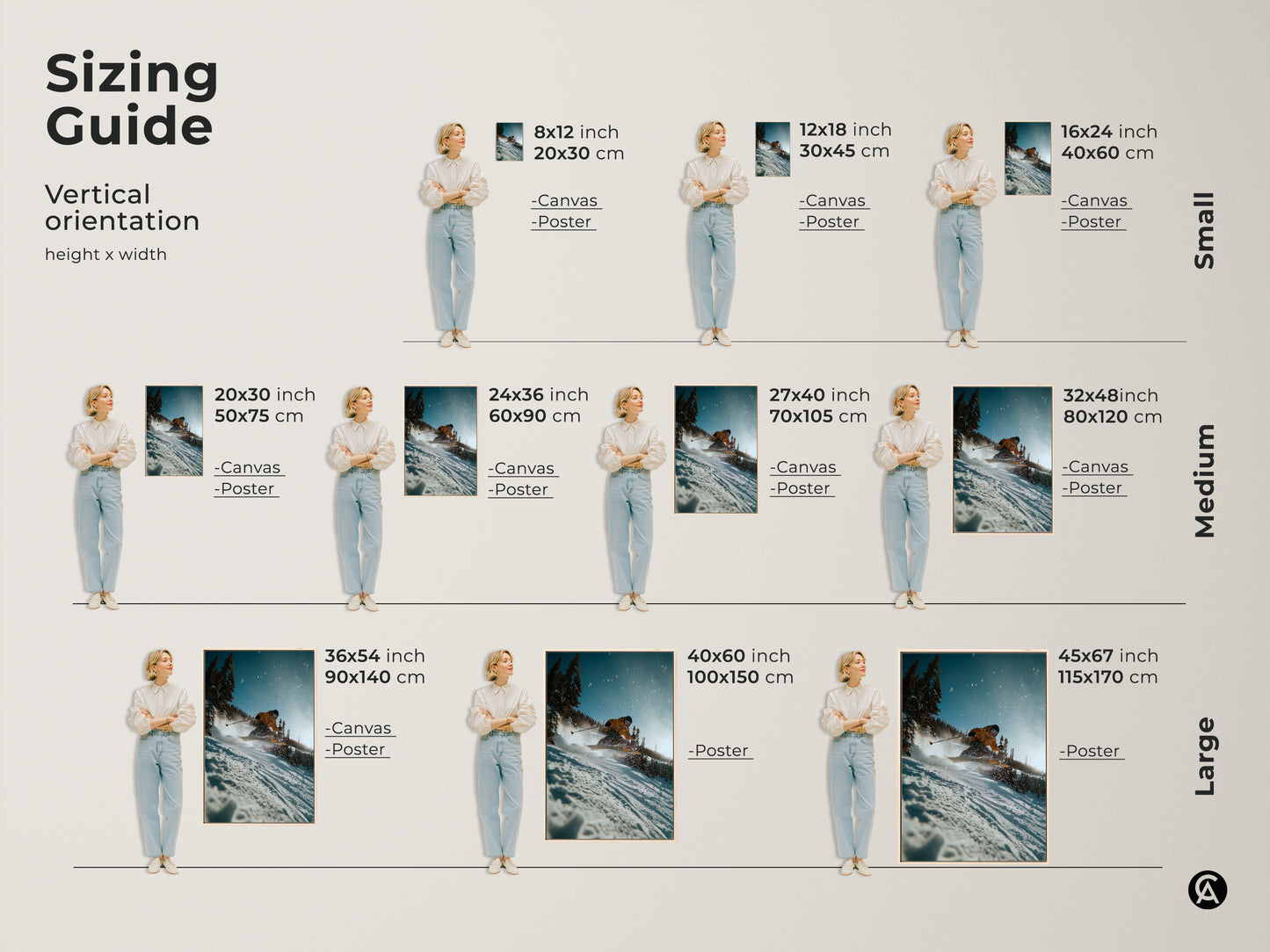 Find the perfect size for your ski art. Our vertical orientation artwork is available in various sizes. From small to large we have a size to fit your needs. Each artwork features a skier in action. Transform your space today