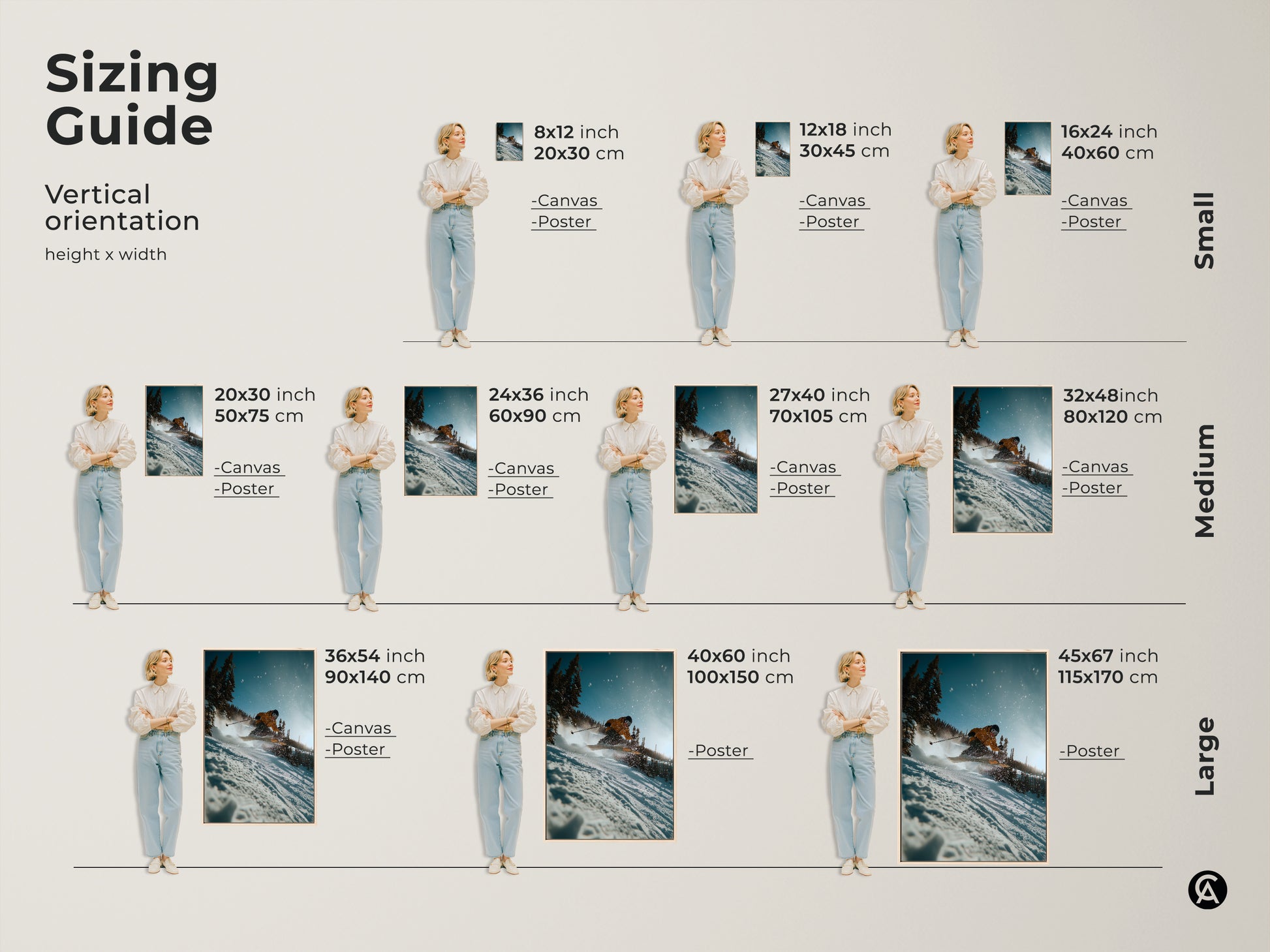 Find the perfect size for your ski art. Our vertical orientation artwork is available in various sizes. From small to large we have a size to fit your needs. Each artwork features a skier in action. Transform your space today