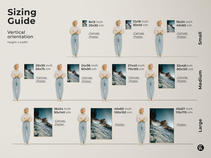 Find the perfect size for your ski art. Our vertical orientation artwork is available in various sizes. From small to large we have a size to fit your needs. Each artwork features a skier in action. Transform your space today