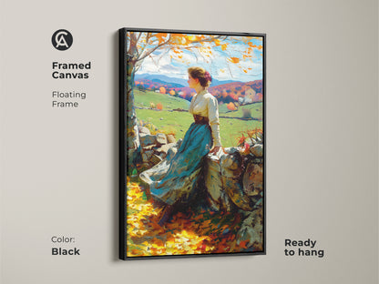 This framed canvas artwork showcases a woman. She is sitting on a stone wall in an autumn landscape. The floating frame adds a sophisticated touch. The black frame complements the artwork. Ready to hang this piece brings classic art into your home decor.