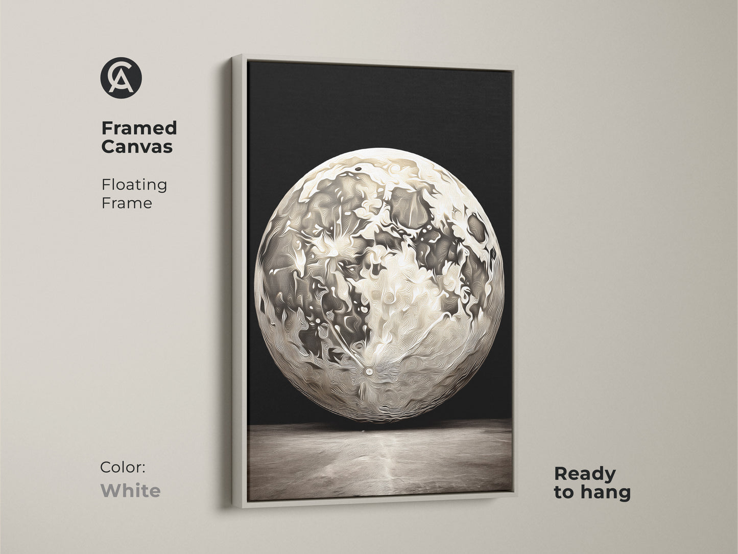 White framed canvas abstract moon artwork. This floating frame features a black white and gray color palette. Its unique line art style and focus on lunar craters make it a captivating piece of space-themed art.