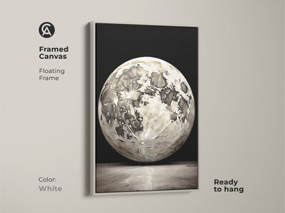 White framed canvas abstract moon artwork. This floating frame features a black white and gray color palette. Its unique line art style and focus on lunar craters make it a captivating piece of space-themed art.
