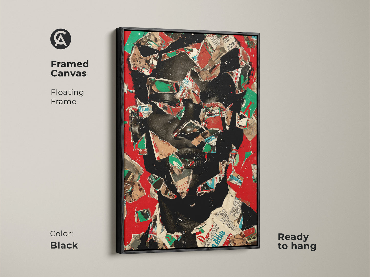 Framed canvas with a floating frame showcasing an abstract face artwork. Red and black collage art adds a contemporary touch. Eclectic office visual art is ready to hang. Black frame enhances the mixed media canvas.