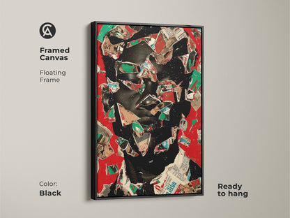 Framed canvas with a floating frame showcasing an abstract face artwork. Red and black collage art adds a contemporary touch. Eclectic office visual art is ready to hang. Black frame enhances the mixed media canvas.