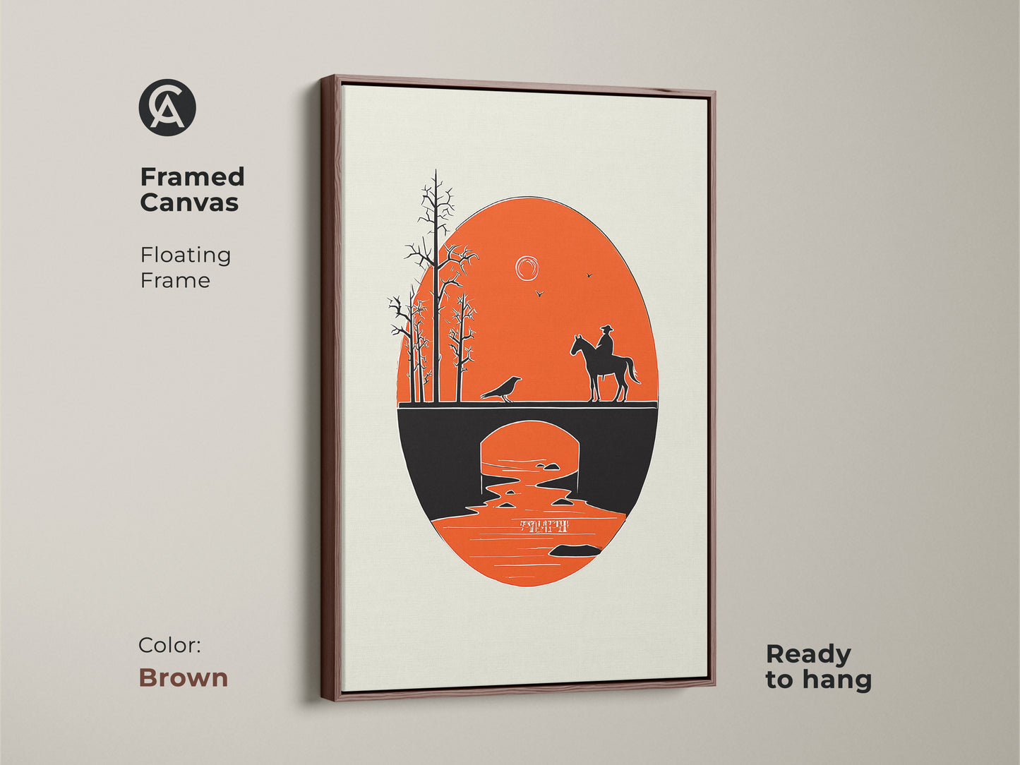 Framed Canvas in brown showcasing a cowboy on horseback crossing a bridge. The orange sunset art and black silhouette create a minimalist western scene. This Mid-Century Modern artwork is ready to hang. It is a perfect housewarming gift for those who love desert landscapes. The retro bridge landscape canvas adds a touch of wanderlust.