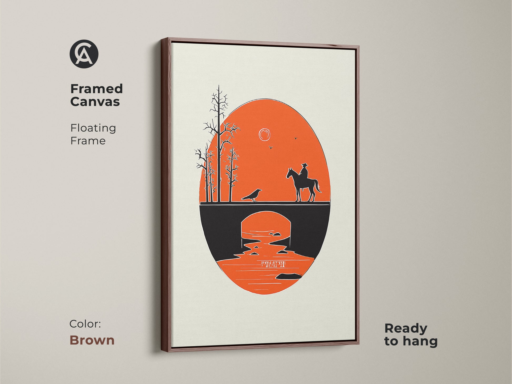 Framed Canvas in brown showcasing a cowboy on horseback crossing a bridge. The orange sunset art and black silhouette create a minimalist western scene. This Mid-Century Modern artwork is ready to hang. It is a perfect housewarming gift for those who love desert landscapes. The retro bridge landscape canvas adds a touch of wanderlust.