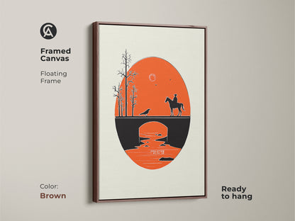 Framed Canvas in brown showcasing a cowboy on horseback crossing a bridge. The orange sunset art and black silhouette create a minimalist western scene. This Mid-Century Modern artwork is ready to hang. It is a perfect housewarming gift for those who love desert landscapes. The retro bridge landscape canvas adds a touch of wanderlust.
