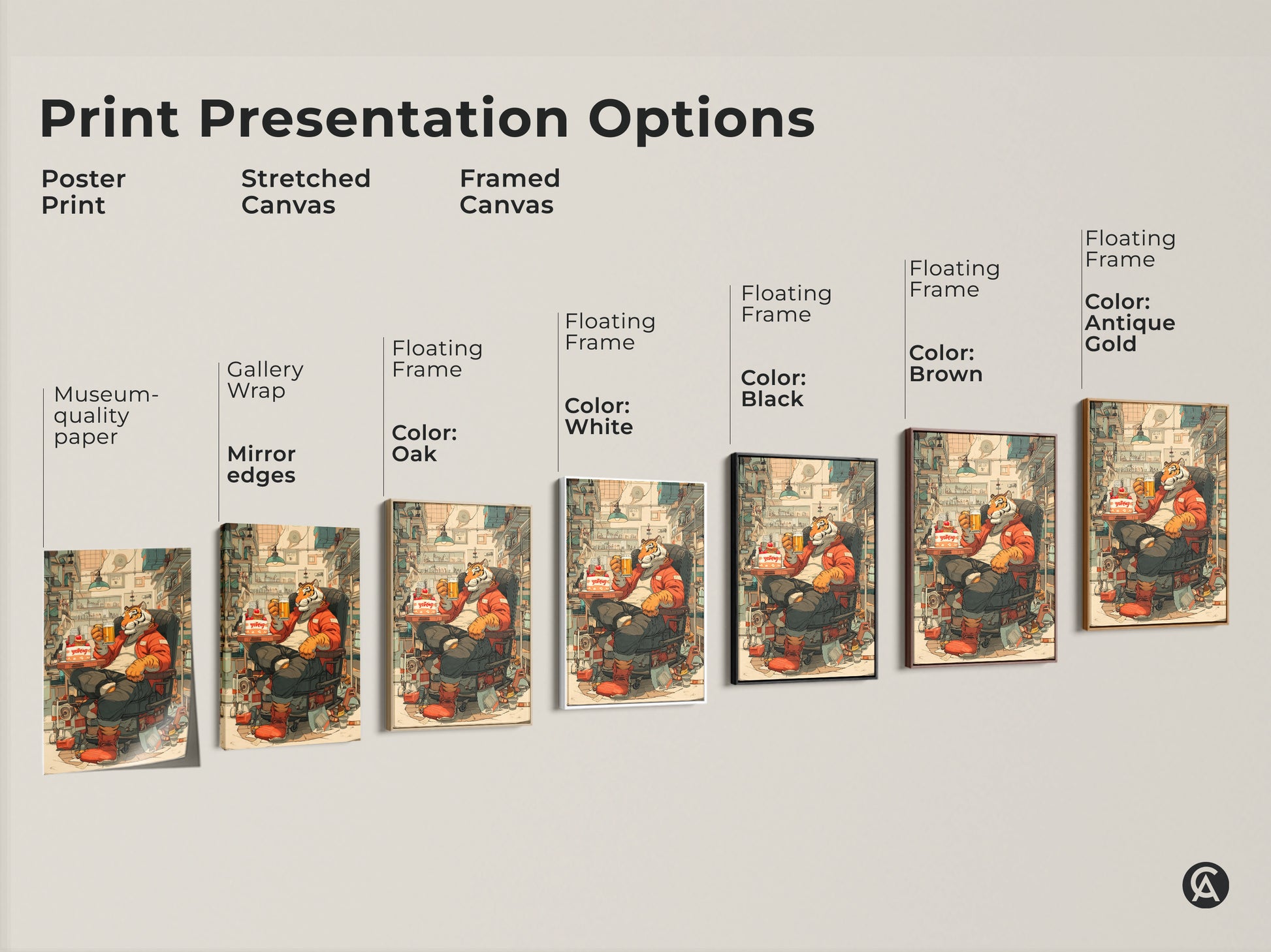 Print presentation options featuring a tiger enjoying beer and cake. Showcasing poster prints stretched canvas and framed canvas. Available with gallery wrap mirror edges and floating frames. Choose from oak white black brown or antique gold frames.