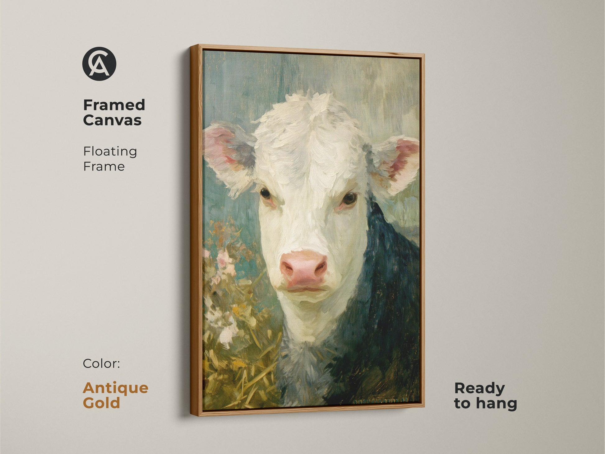 A framed canvas presents a hereford calf painting in an antique gold floating frame. This ready-to-hang fine art print adds a touch of vintage charm to your wall decor. A unique piece for animal art lovers.