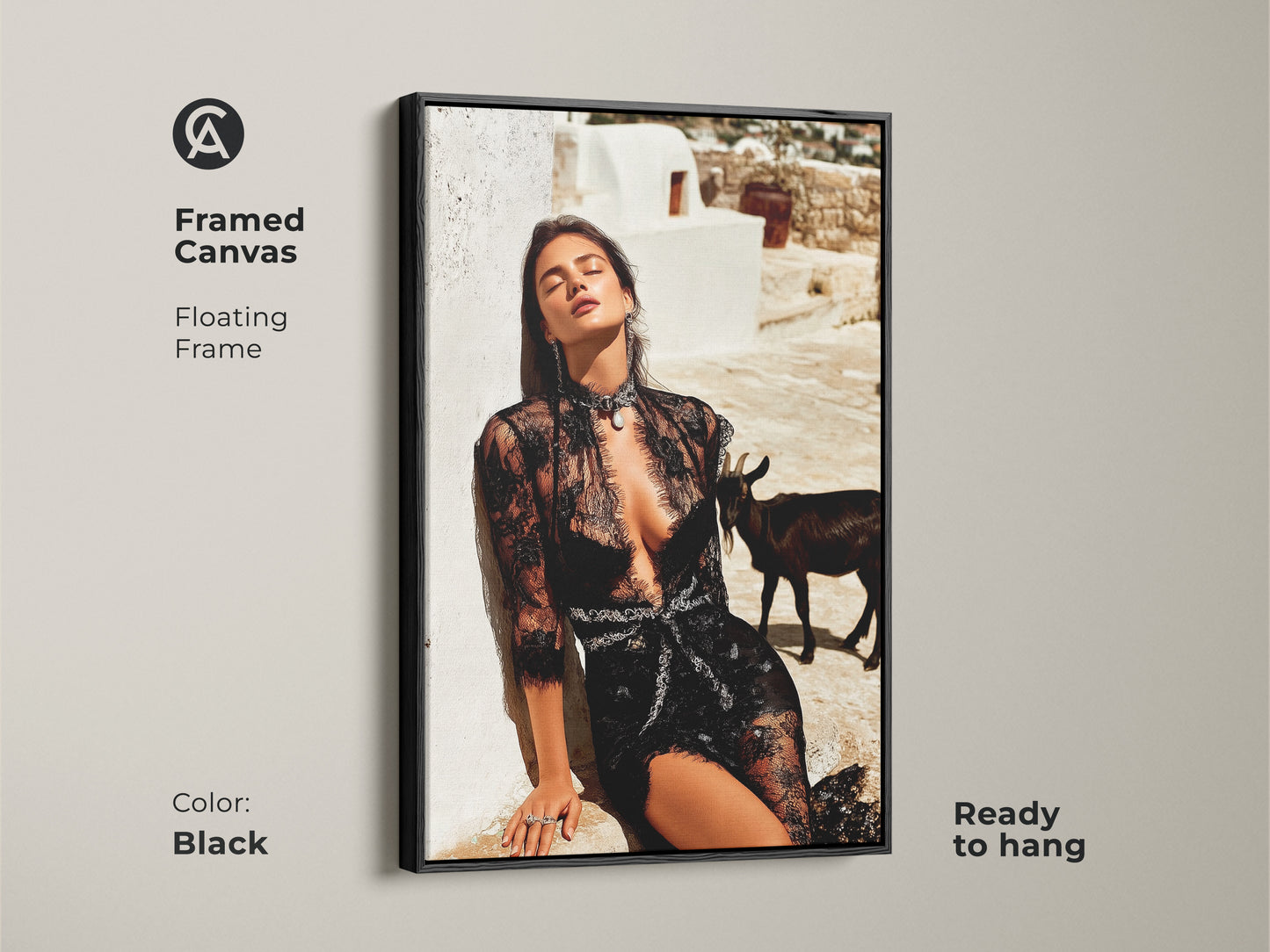 Framed canvas of a glamorous woman in black lace with a black frame. This editorial fashion print features a goat creating an eclectic aesthetic. The art is ready to hang adding a touch of luxury. This unique gift is perfect for modern eclectic interiors.