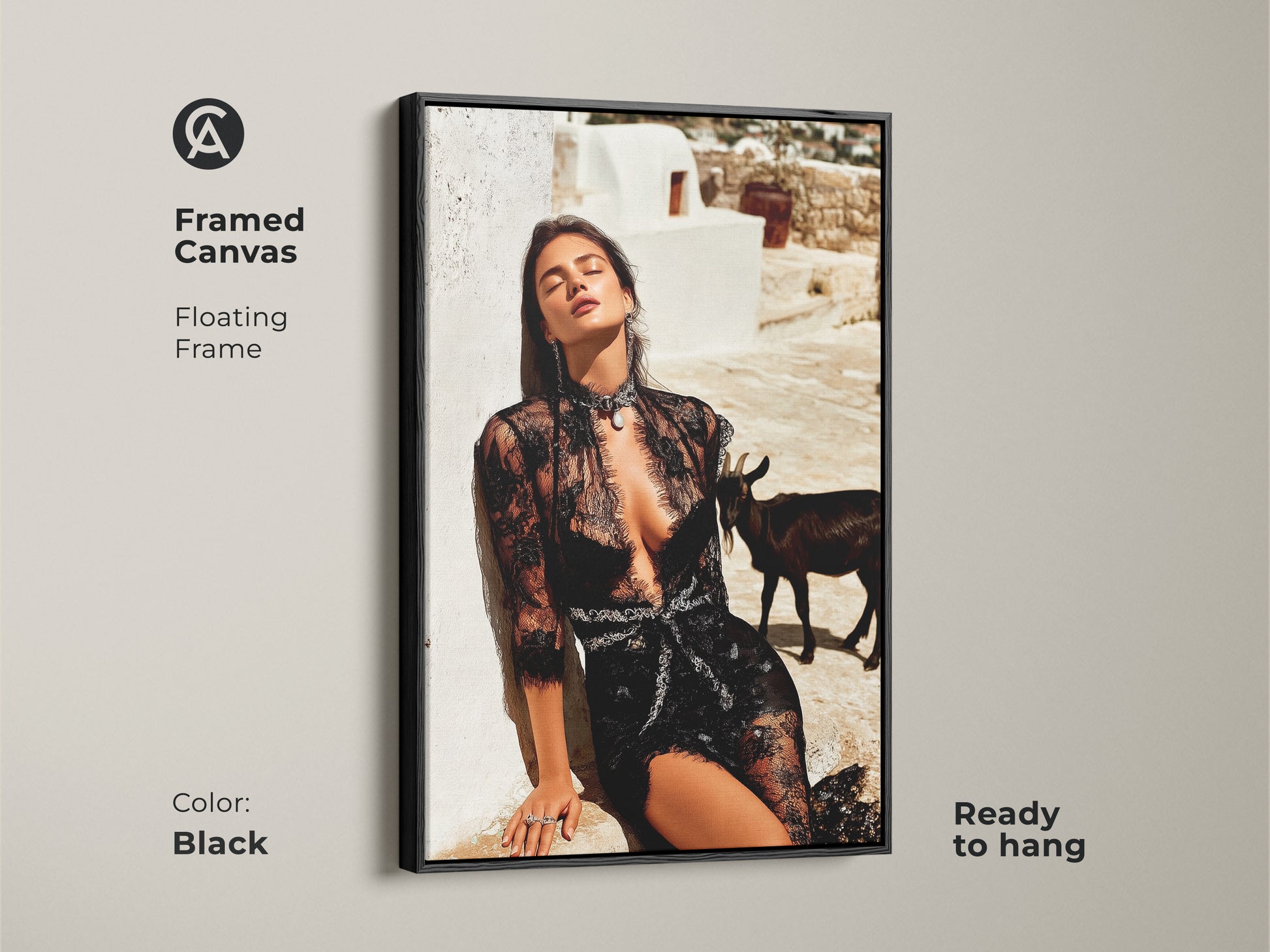Framed canvas of a glamorous woman in black lace with a black frame. This editorial fashion print features a goat creating an eclectic aesthetic. The art is ready to hang adding a touch of luxury. This unique gift is perfect for modern eclectic interiors.