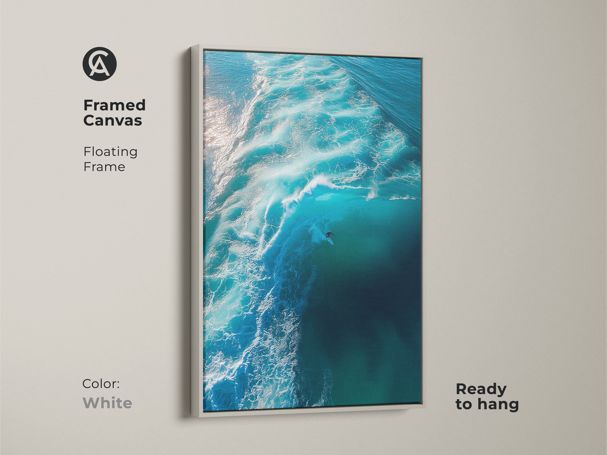 Experience the power of the ocean. A lone surfer rides a turquoise wave in this framed canvas art. The clean white floating frame offers a modern look. It allows the artwork to shine. The piece is ready to hang. It brings a fresh coastal vibe to any room. Perfect for contemporary spaces.