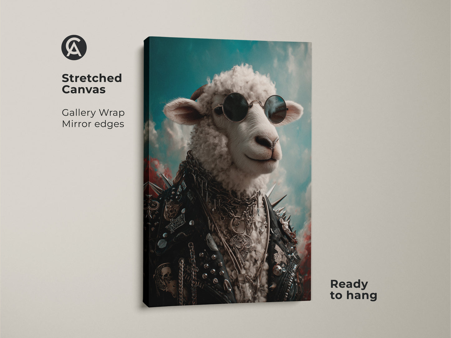 A stretched canvas print of a punk rock sheep. The sheep wears sunglasses and a leather jacket. This gallery wrapped canvas has mirrored edges and is ready to hang. Perfect for eclectic home decor. A unique animal art gift for a punk fan or music lover.