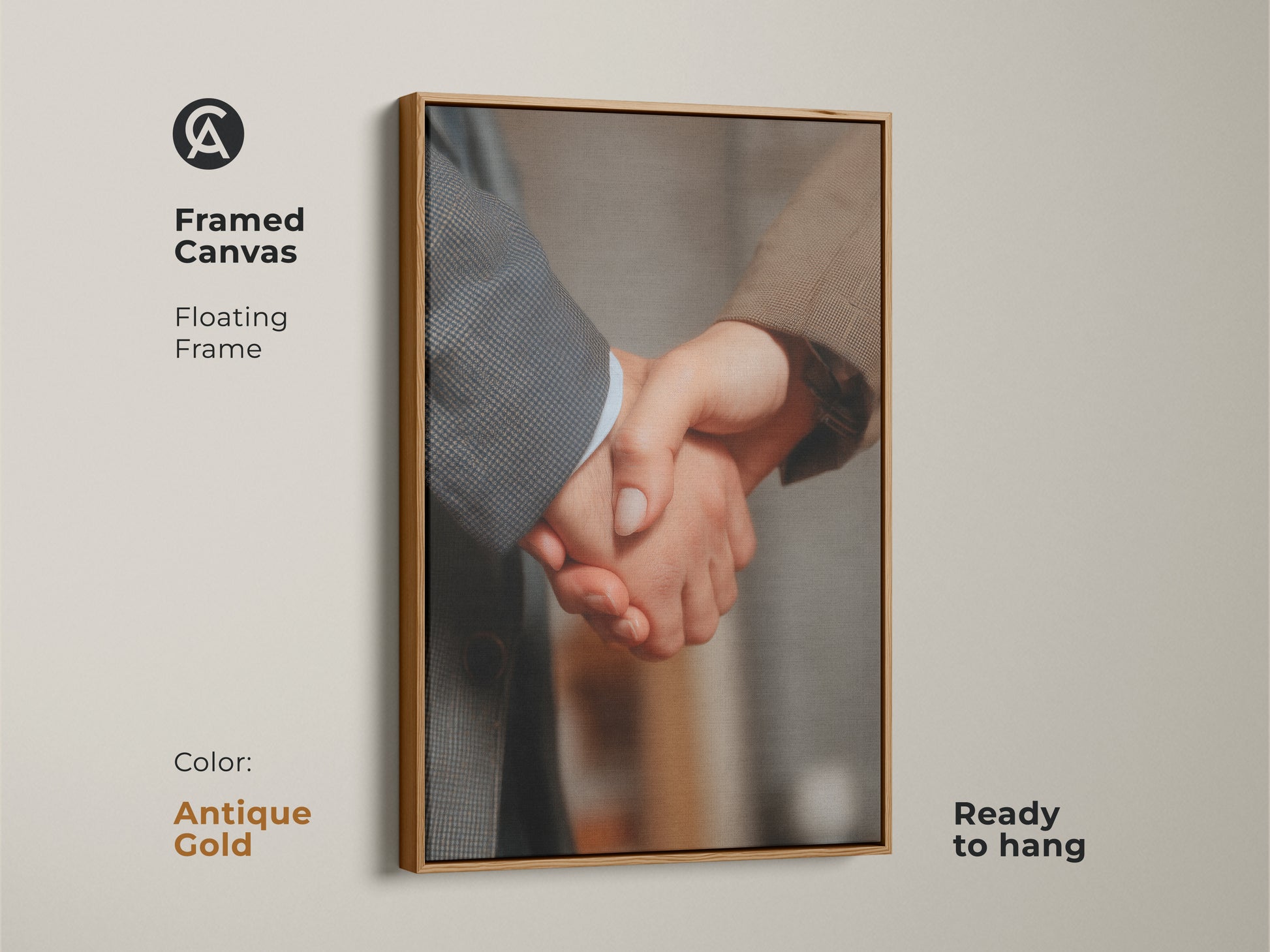 Handshake canvas art in a framed floating frame with an antique gold finish. Ready to hang. This business partnership artwork signifies corporate success. Enhances modern office decor. A professional gift showcasing collaboration. Neutral colors offer a sophisticated touch.