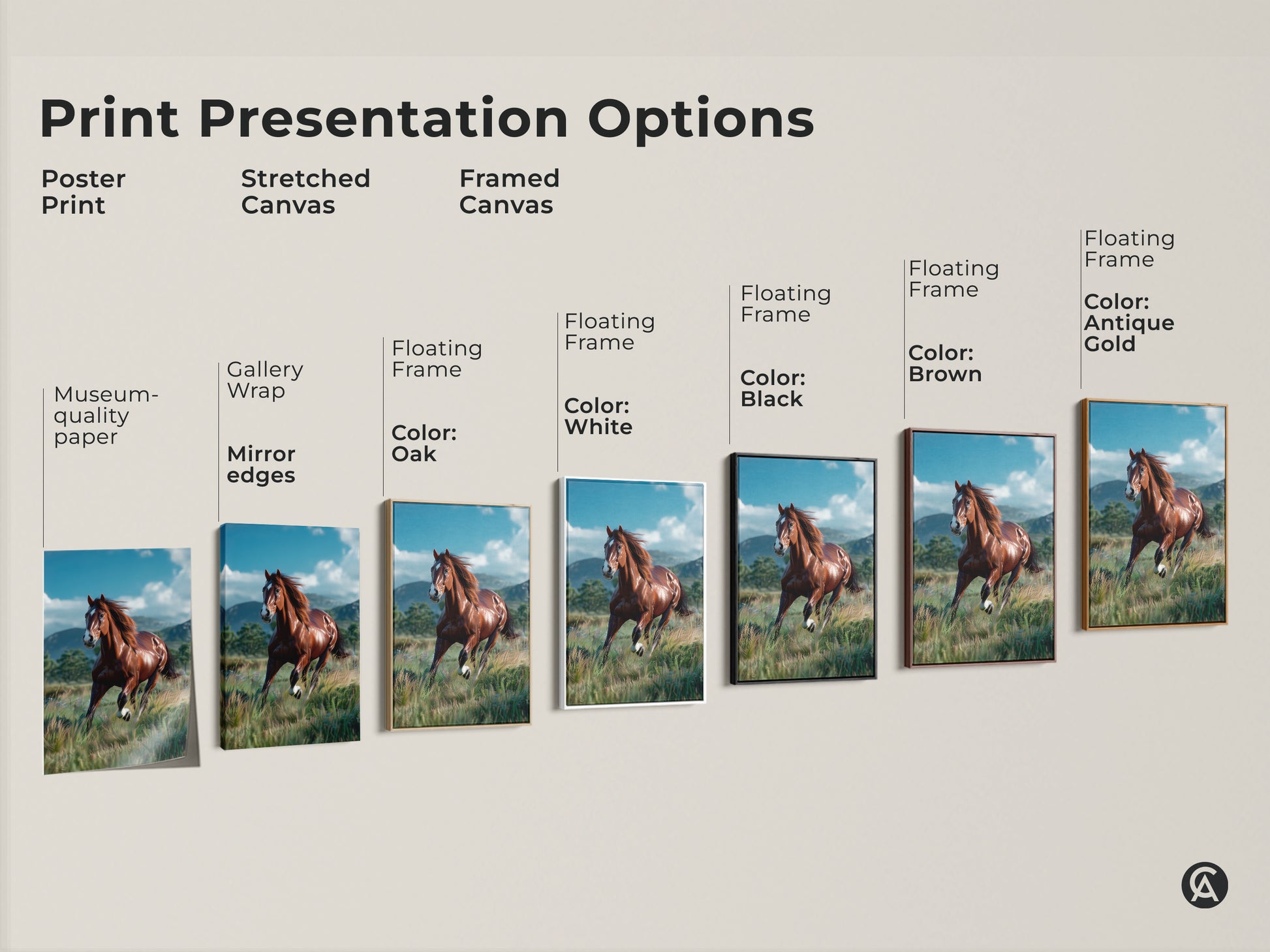 Explore print presentation options for horse art. Choose from poster prints stretched canvas and framed canvas. Select floating frames in black brown antique gold or white. Find the perfect style to showcase this beautiful equine artwork. Elevate your home decor today.