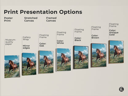 Explore print presentation options for horse art. Choose from poster prints stretched canvas and framed canvas. Select floating frames in black brown antique gold or white. Find the perfect style to showcase this beautiful equine artwork. Elevate your home decor today.