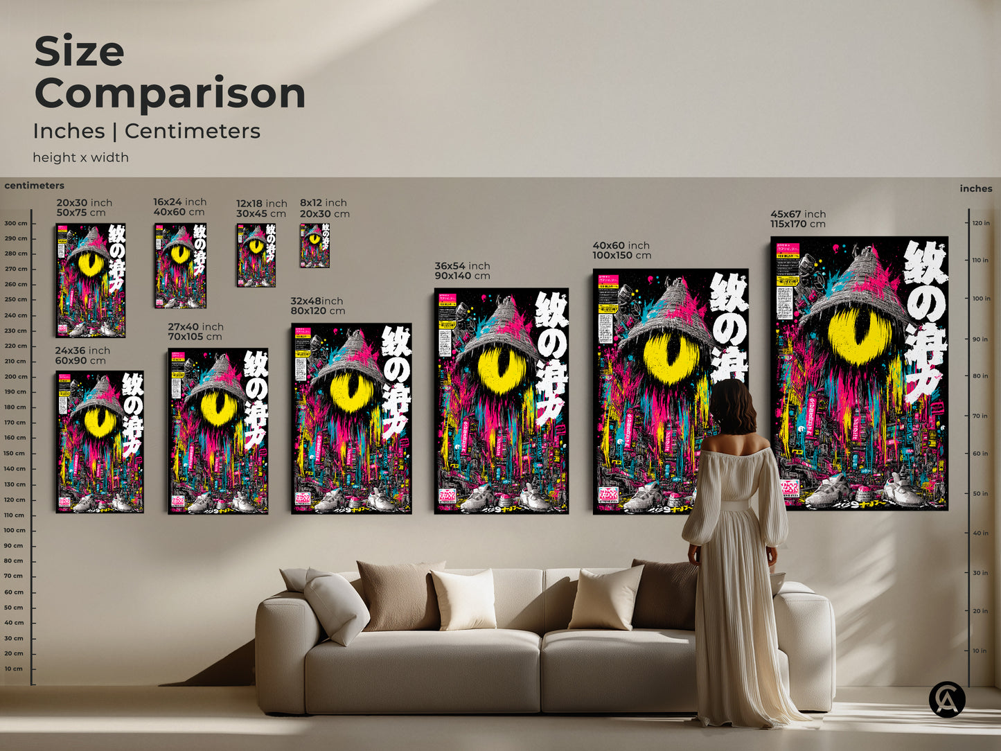 Size comparison for surreal cityscape artwork in inches and centimeters. See how different sizes fit in a living room setting. Choose from various dimensions to suit your space. This unique art transforms any room. Find the perfect size for your home decor needs.