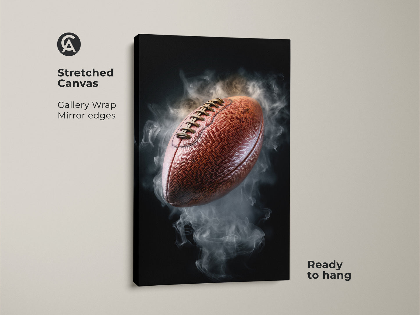 Stretched canvas gallery wrap of a football smoke canvas art print. The mirror edges enhance the modern aesthetic. Ready to hang this sports fan gift in your man cave or office for athletic home decor.